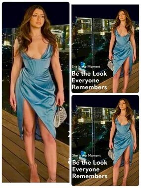 NWT sapphire blue midi high slit satin boned corset open plunge front XL & M